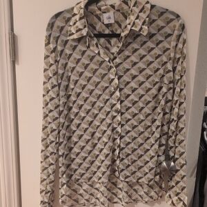 CAbi Green and Cream Patterned Blouse